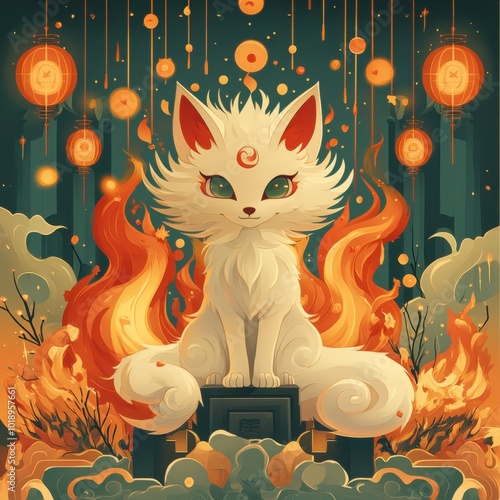 Wistful Moonlit Kitsune Ignites Foxfire Frenzy Tonight. Cute Kawaii Halloween Illustration photo