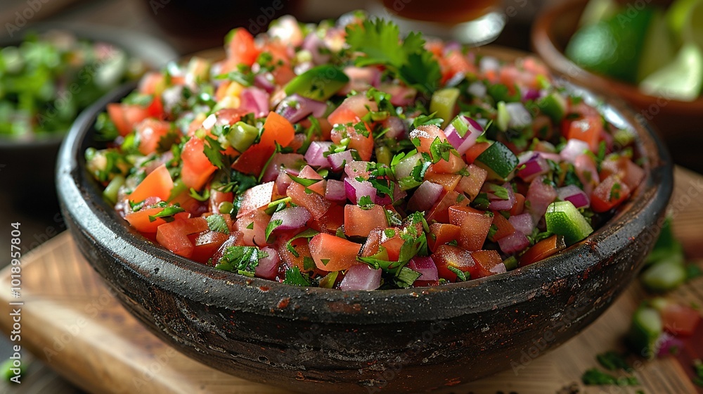A close-up of a bowl of authentic Mexican salsa. A close-up of a bowl of authentic Mexican salsa.