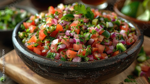 A close-up of a bowl of authentic Mexican salsa.