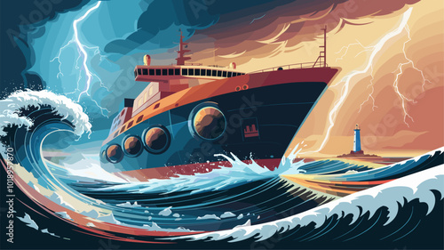 Autonomous cargo ship navigating through treacherous storm.