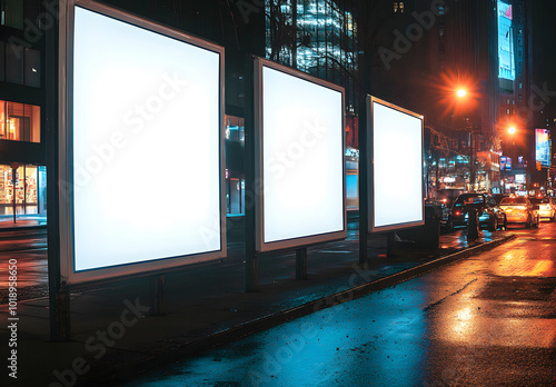 Blank white three billboards on an empty street at night design, mock-up design photo