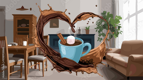 A whimsical and heartwarming illustration using a coffee splash to express love and the comforting feeling of a morning coffee.