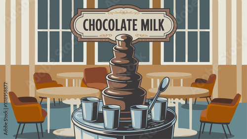 A vintage-inspired illustration of a chocolate milk fountain, evoking a sense of nostalgia and indulgence.