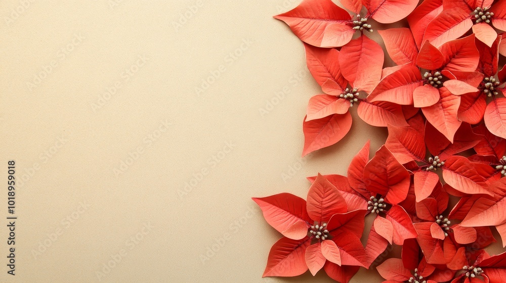 A vibrant arrangement of red poinsettia flowers on a soft beige background, ideal for holiday decor and seasonal themes. A vibrant arrangement of red poinsettia flowers on a soft beige background, ideal for holiday decor and seasonal themes.