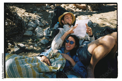 Hikers rest in shade photo