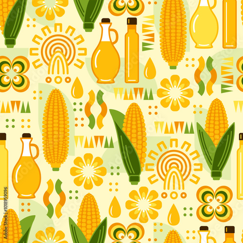 Seamless pattern with icons of corn cob, corn oil, maize grains, geometric shapes, ethnic mesoamerican ornament on white background. For branding, decoration of food package, prints