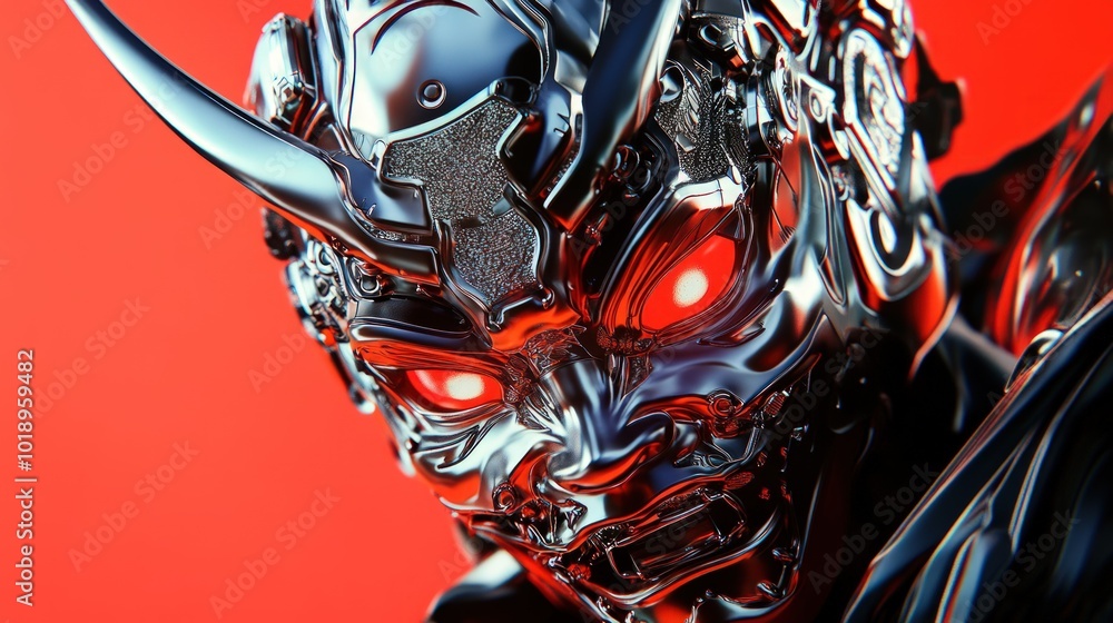 Close-up of a futuristic chrome samurai warrior helmet with red glowing eyes on a red background. Close-up of a futuristic chrome samurai warrior helmet with red glowing eyes on a red background.
