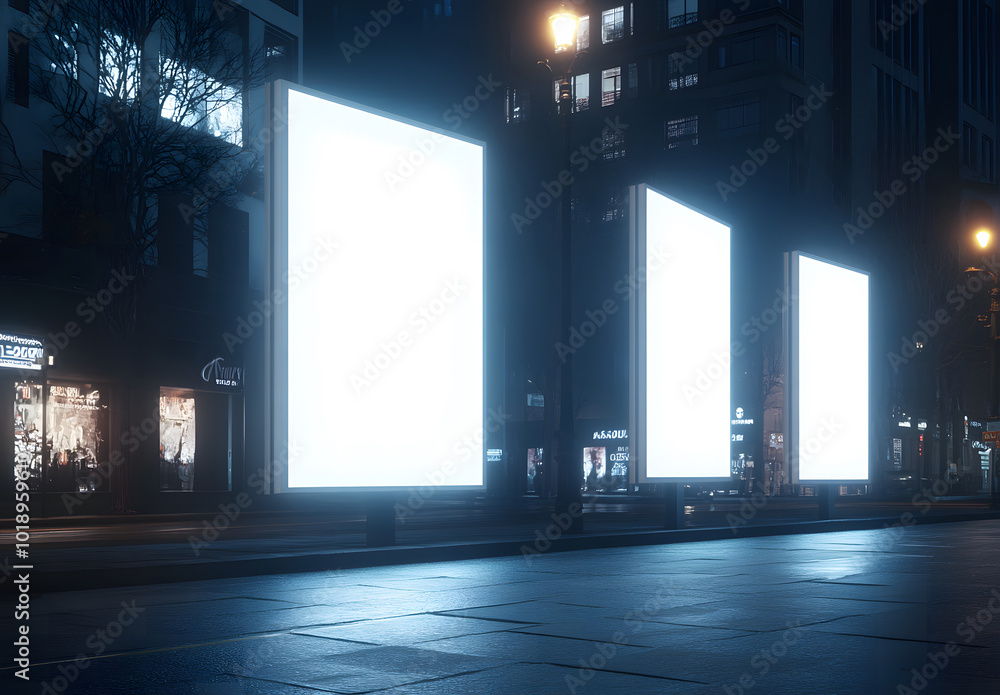 Blank white three billboards on an empty street at night design, mock-up design Blank white three billboards on an empty street at night design, mock-up design