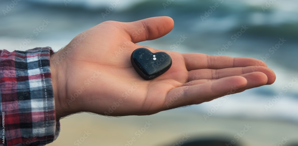 Person holding a heart-shaped stone by the ocean during sunset Person holding a heart-shaped stone by the ocean during sunset