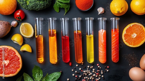 laboratory test tubes alongside various foods symbolizing food sensitivity testing, emphasizing the diagnostic process for identifying food allergies and intolerances