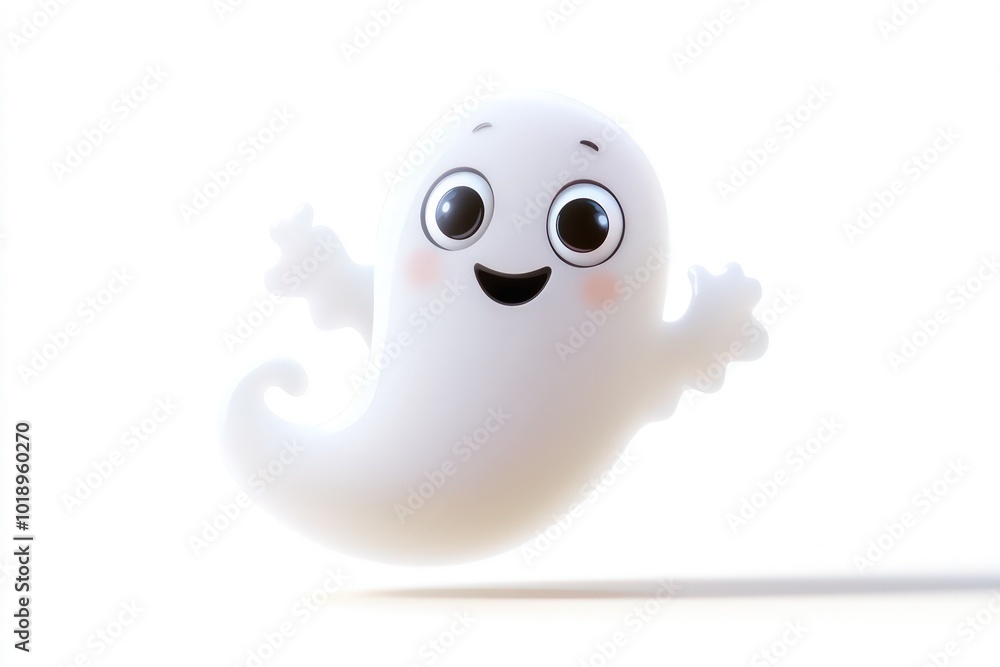 A cheerful cartoon ghost floats isolated on a white background, its big eyes and friendly expression adding a playful touch to the Halloween theme. A cheerful cartoon ghost floats isolated on a white background, its big eyes and friendly expression adding a playful touch to the Halloween theme.