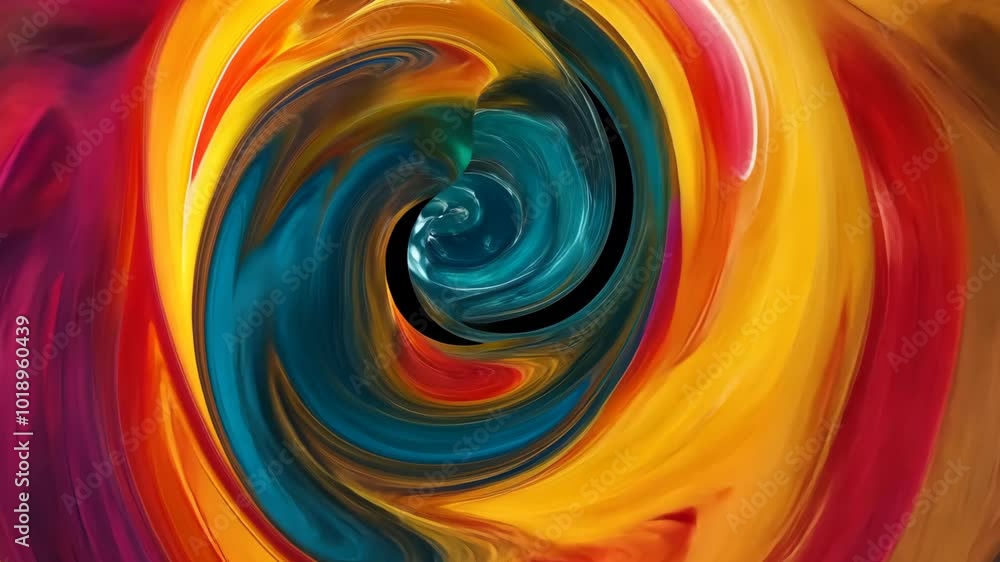 A vibrant swirl of purple, orange, yellow, and blue paint creates a hypnotic pattern with a black center A vibrant swirl of purple, orange, yellow, and blue paint creates a hypnotic pattern with a black center