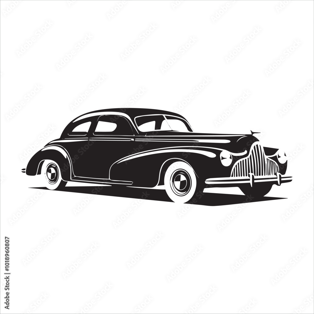 Obraz premium american carIllustration of a vintage car vector art. Black lines sticker on white Background, car, auto, automobile, vehicle, transport,