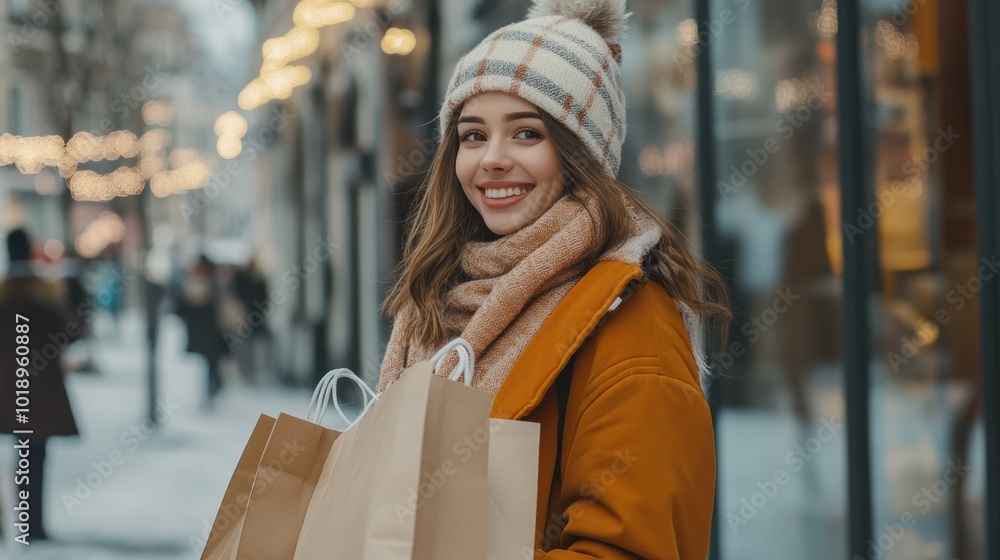 Cheerful woman shopping outdoors on a snowy day in the city