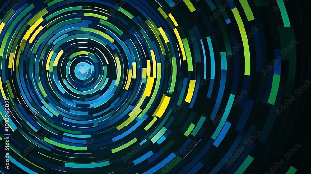 Abstract circular pattern with colorful lines radiating outwards from a central point on a dark blue background. Abstract circular pattern with colorful lines radiating outwards from a central point on a dark blue background.