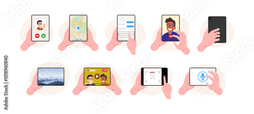 Diverse Individuals Using Hand Gestures with Smart Tablets for Social Media, Messaging, Calls, Video, and Navigation