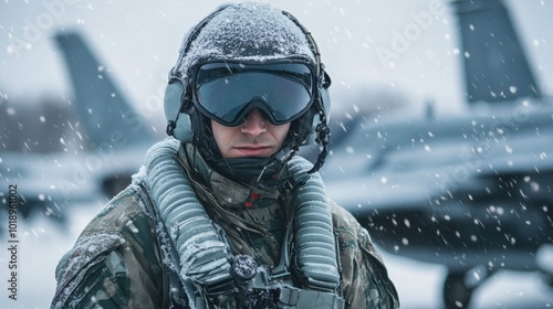 Military pilot in snowy conditions beside aircraft during winter