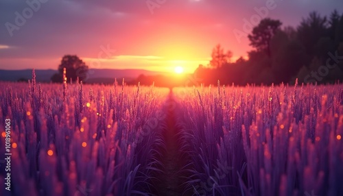 The sun sets behind a lavender field, casting a warm glow over the blooming flowers photo