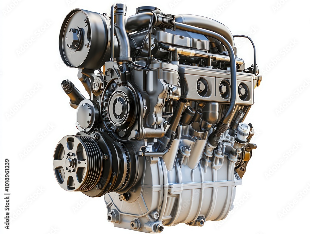 A compact diesel engine, designed for performance, isolated on a pristine white background, highlighting its detailed mechanics. A compact diesel engine, designed for performance, isolated on a pristine white background, highlighting its detailed mechanics.