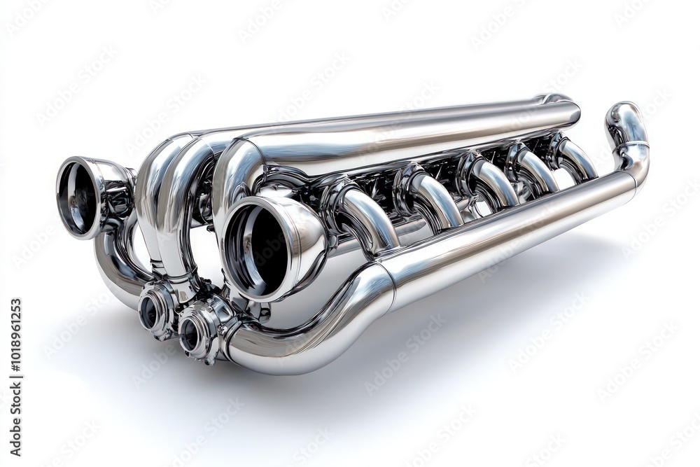 Obraz premium A complex exhaust pipe system, displayed on a clean white background, emphasizing its streamlined design.