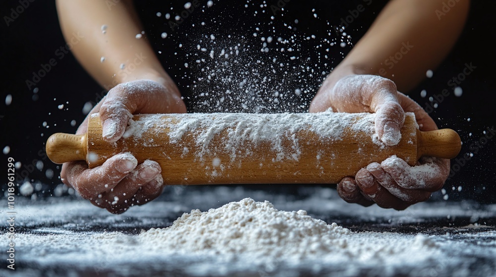 hands gripping a flour-dusted wooden rolling pin against a dark black table scattered with white flour, highlighting the joy of home baking and culinary preparation hands gripping a flour-dusted wooden rolling pin against a dark black table scattered with white flour, highlighting the joy of home baking and culinary preparation