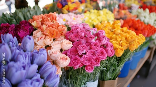 Fototapeta Naklejka Na Ścianę i Meble -  beautiful fresh cut flowers displayed at a farmers market, featuring a variety of colorful arrangements and vibrant floral offerings
