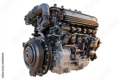 A compact yet powerful diesel engine, isolated on a white background, emphasizing its engineering excellence.