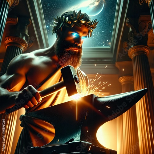 Hephaestus the god with his hammer and anvil. He was cast off Mount Olympus. God of of artisans, blacksmiths, craftsmen, fire, metallurgy, volcanoes. Classical Greek Roman mythology. Generative AI photo