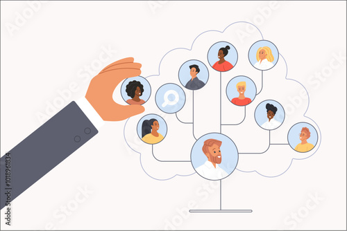 Hiring new talent professional employee by headhunter, team organization. Giant hand of HR manager, businessman or employer add avatar of woman to corporate company tree cartoon vector illustration