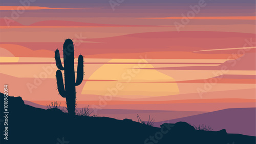 Lone cactus silhouetted against vibrant sunset.