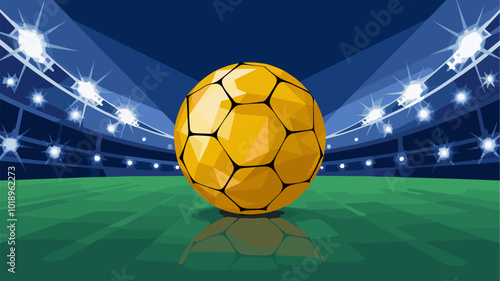 Single yellow low-poly soccer ball reflecting stadium lights.