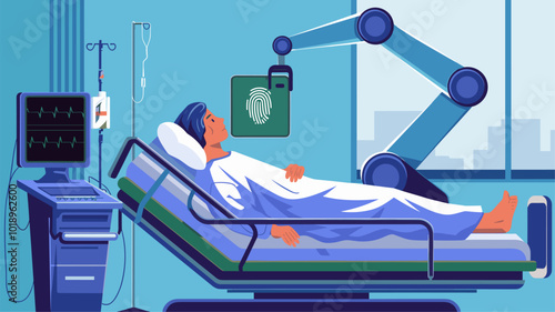 A patient undergoing a medical procedure with a robotic arm scanning their fingerprint for accurate identification.