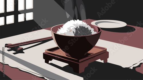 Steaming bowl of rice with Asian tableware, chiaroscuro lighting.