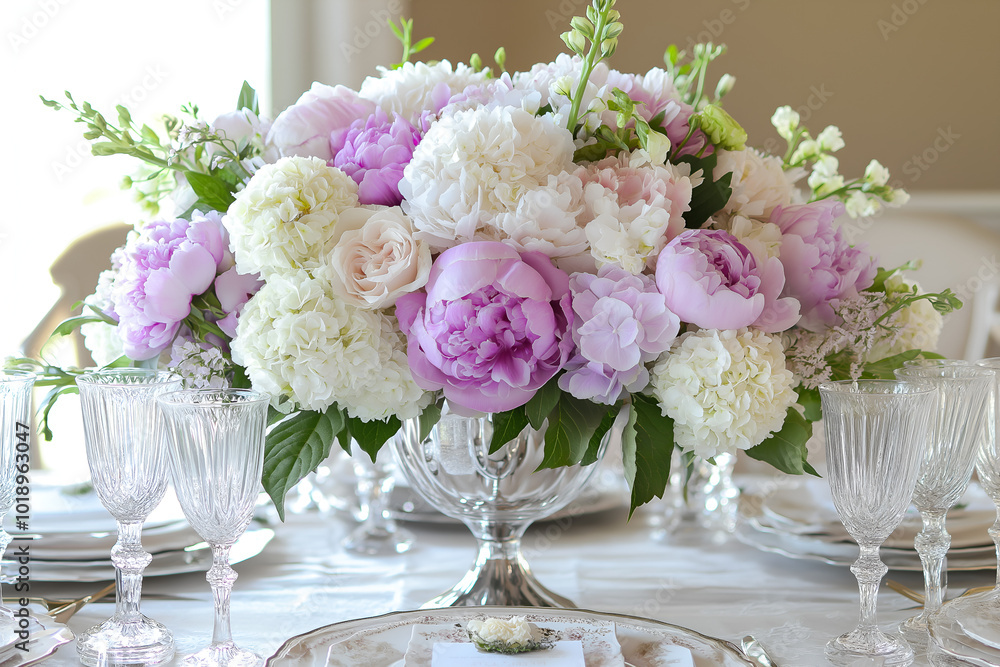 Elegant Centerpiece with Peonies and Hydrangeas: A sophisticated floral centerpiece featuring lush peonies and hydrangeas in pastel shades, arranged in a glass vase for formal dining settings or event Elegant Centerpiece with Peonies and Hydrangeas: A sophisticated floral centerpiece featuring lush peonies and hydrangeas in pastel shades, arranged in a glass vase for formal dining settings or event