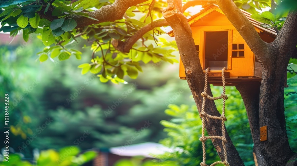 Fototapeta premium Brightly colored treehouse in a lush garden setting.