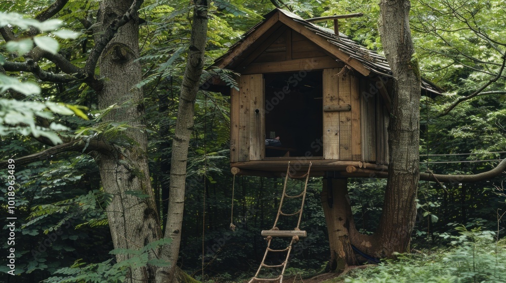 Rustic treehouse with a rope ladder in a dense forest.