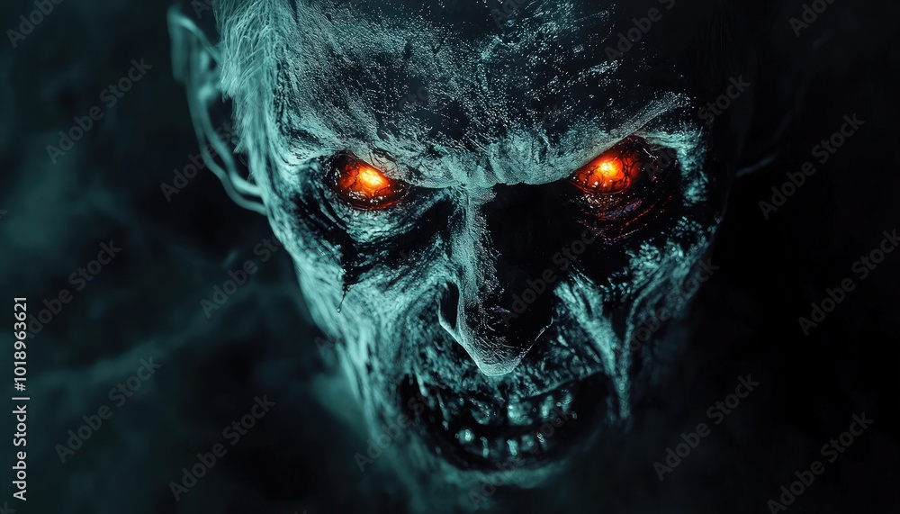 A ghastly zombie or ghoul with glowing, sinister eyes glares through the darkness, emanating pure terror. An eerie Halloween nightmare set against a deep black void. A ghastly zombie or ghoul with glowing, sinister eyes glares through the darkness, emanating pure terror. An eerie Halloween nightmare set against a deep black void.