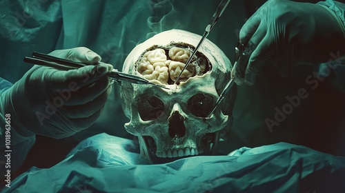 A skull is being opened by gloved hands, revealing a brain inside, highlighting a surgical or experimental scene with a dark, dramatic atmosphere.