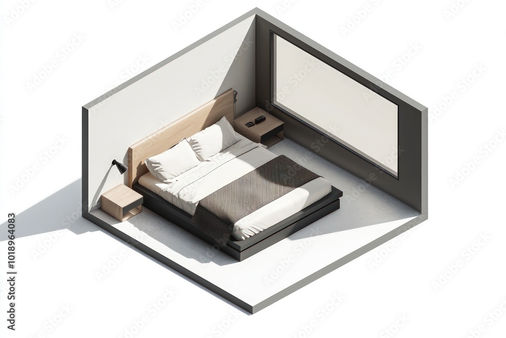 Isometric 3D render a guest room featuring a low platform bed, viewed from above on a white backdrop. Isometric 3D render a guest room featuring a low platform bed, viewed from above on a white backdrop.