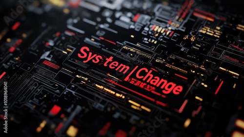 Digital circuit board with the words 'System Change' in bold red letters.