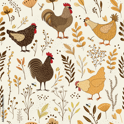  Floral seamless pattern with cute cartoon colorful chickens  on white background