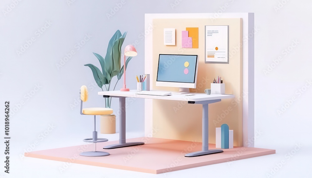 Isometric 3D render a study room with a standing desk, ergonomic stool, and motivational posters, on a white isolated background. Isometric 3D render a study room with a standing desk, ergonomic stool, and motivational posters, on a white isolated background.