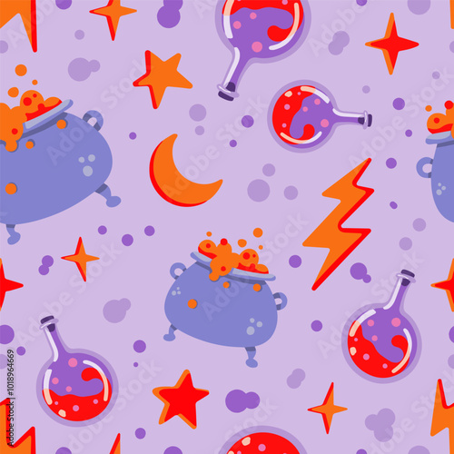 Seamless vector pattern on Halloween theme. Potion in cauldrons, potion flasks, lightning, moon, stars and bubbles on a purple background. Cartoon style