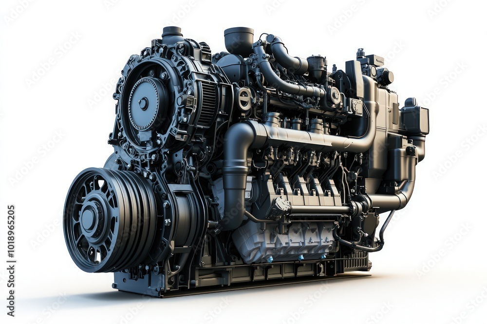 A high-performance diesel engine, isolated against a minimalist white background, accentuating its powerful build. A high-performance diesel engine, isolated against a minimalist white background, accentuating its powerful build.