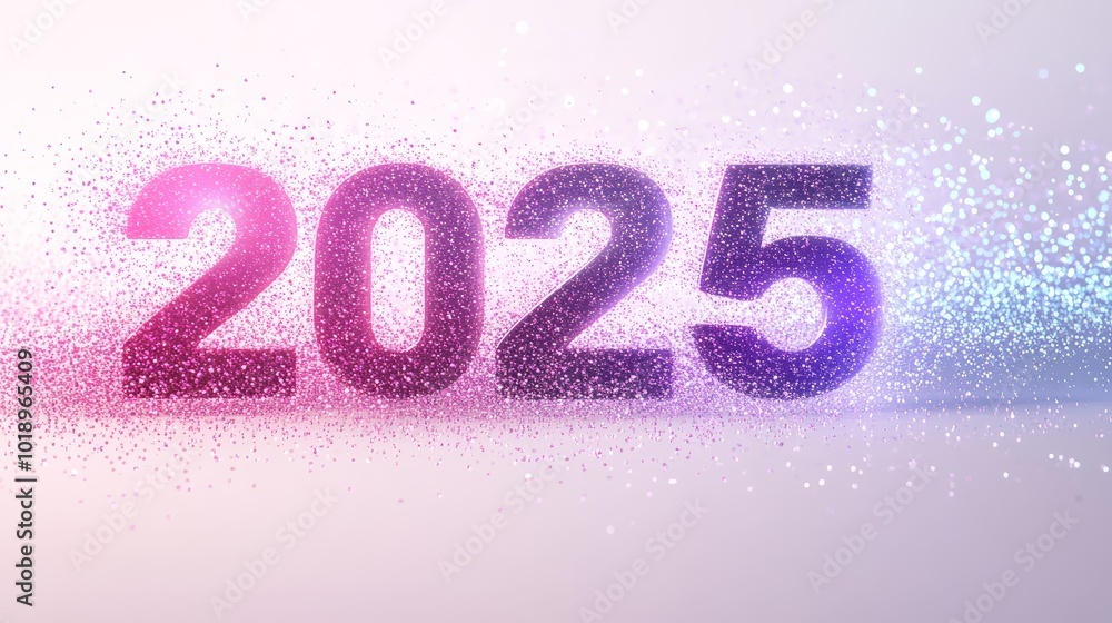 A vibrant graphic representation of the year 2025, composed of sparkling particles in shades of pink and blue. A vibrant graphic representation of the year 2025, composed of sparkling particles in shades of pink and blue.