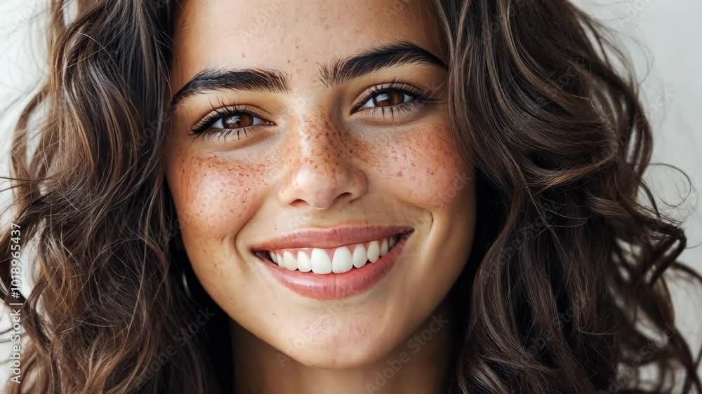 A woman with brown hair and freckles smiles brightly at the camera A woman with brown hair and freckles smiles brightly at the camera