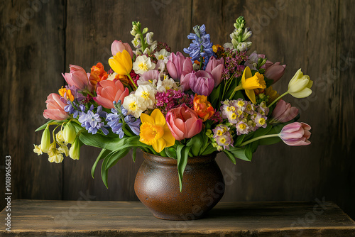 Colorful Spring Flower Bouquet: A vibrant bouquet of spring flowers, including tulips, daffodils, and hyacinths, displayed in a rustic vase on a wooden table, evoking feelings of renewal and joy