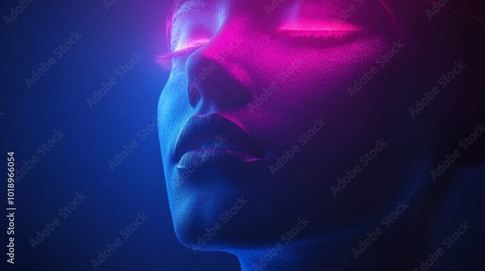 A woman's face is shown in a blue and pink color scheme A woman's face is shown in a blue and pink color scheme
