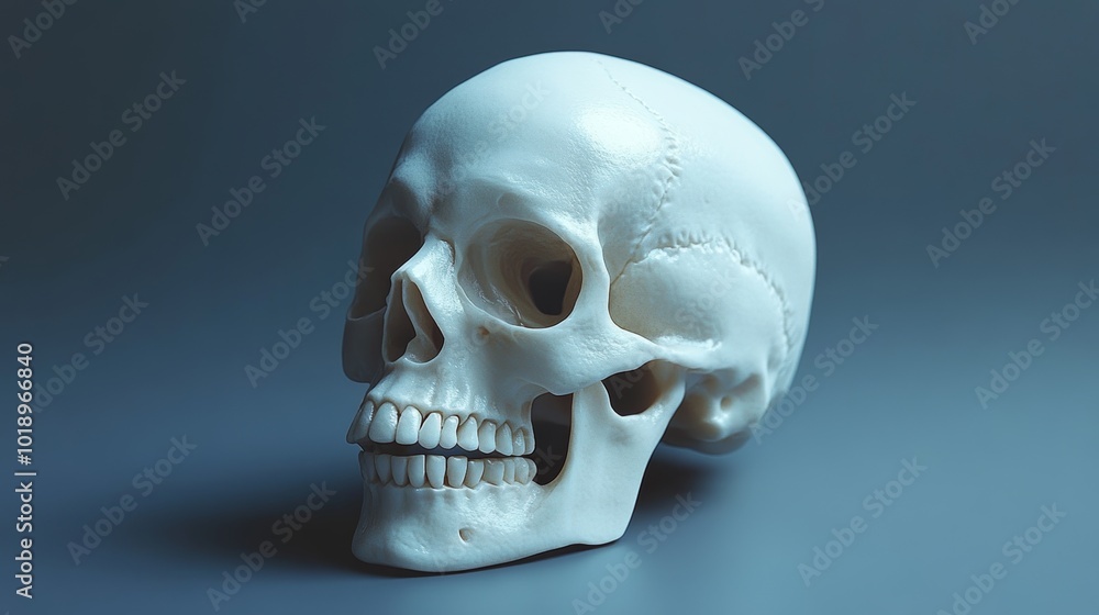 A white skull is sitting on a grey surface A white skull is sitting on a grey surface