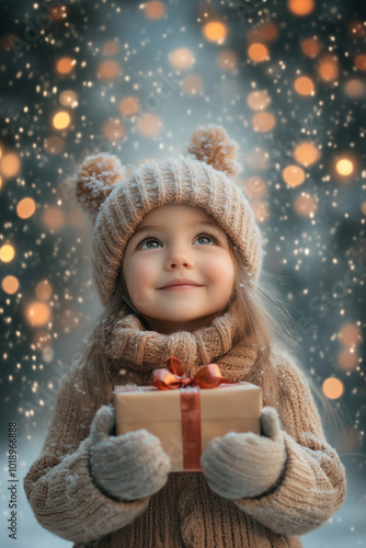 Little happy girl with christmas presents in her hands, looking up,  christmas lights and snowfall in the background, big editable space.